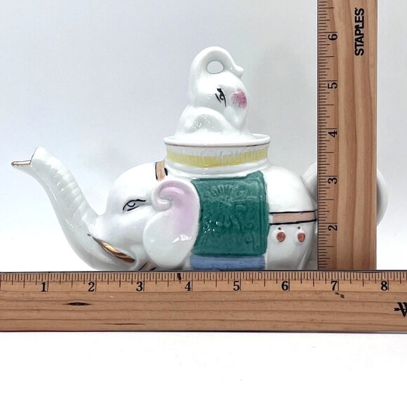 Vintage Elephant Porcelain Ceramic Teapot And Baby Elephant Calf Lid Gold Accent - Picture 11 of 16